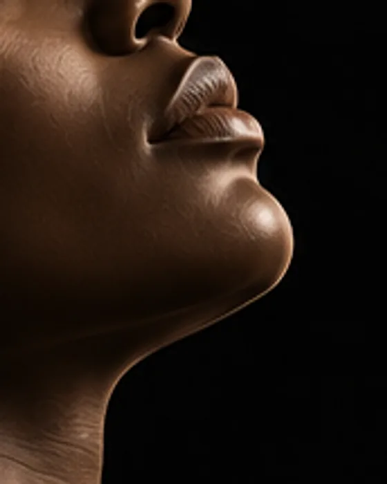 Close profile of a woman with luminous deep brown skin against an onyx background.