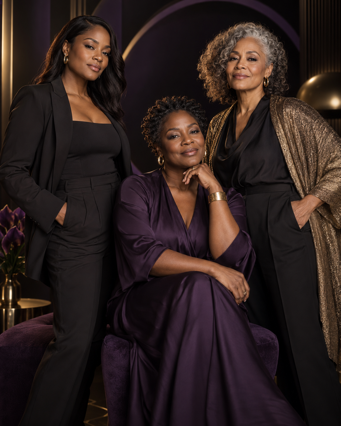 Three confident Black women of different ages in elegant black, purple and gold attire.