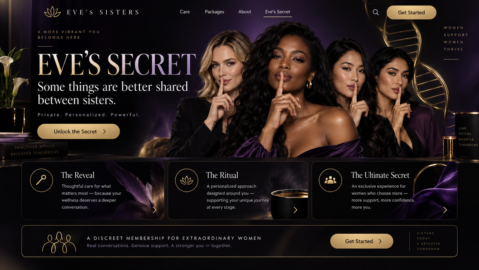 Four women together in an elegant black and purple Eve’s Secret setting.