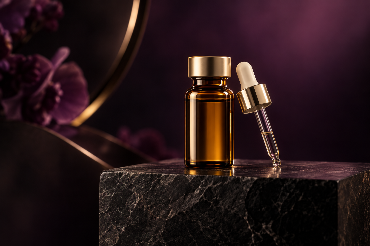 Unbranded amber wellness vial and glass dropper in champagne light.