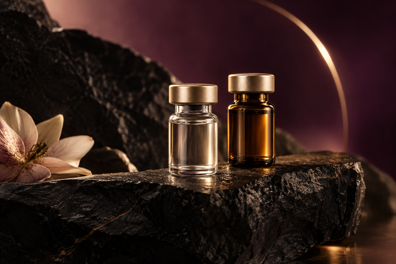 Two unbranded wellness vials on black stone in warm champagne light.